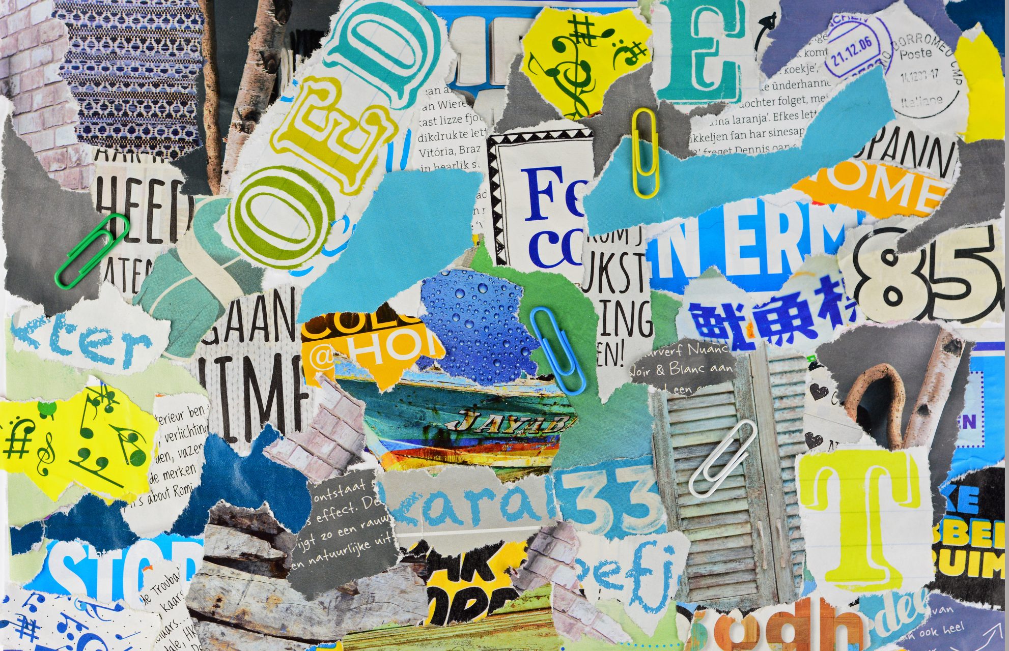 Vibrant moodboard collage with torn paper and textures